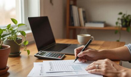 Person reviewing tax documents and calculator to understand what is a tax deduction