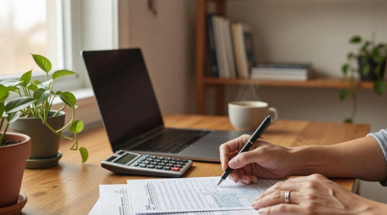Person reviewing tax documents and calculator to understand what is a tax deduction