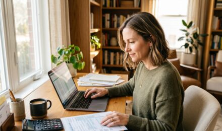Person reviewing above-the-line tax deductions on a laptop with tax forms and calculator on desk