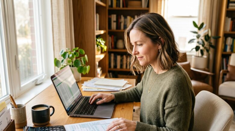 Person reviewing above-the-line tax deductions on a laptop with tax forms and calculator on desk