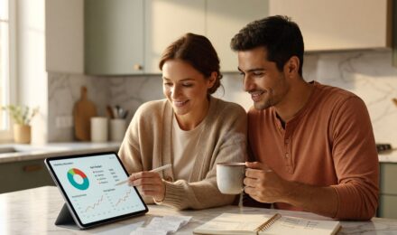 Couple reviewing shared budget on a budgeting app together on a smartphone in 2026