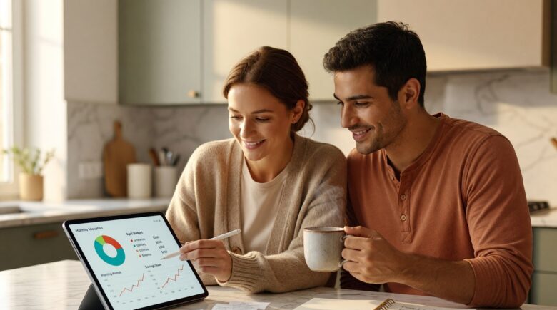 Couple reviewing shared budget on a budgeting app together on a smartphone in 2026