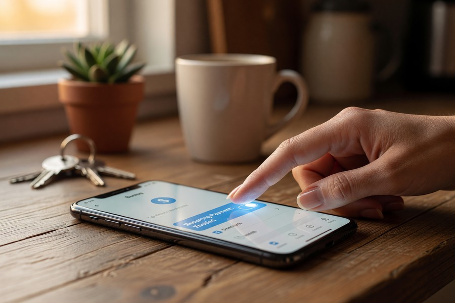Person checking credit score on smartphone app after making a card payment