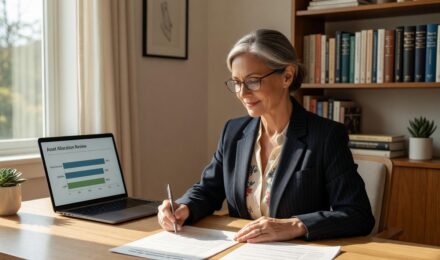 Retiree reviewing bond portfolio charts and investment documents at a desk