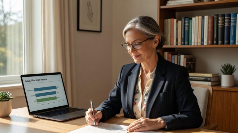 Retiree reviewing bond portfolio charts and investment documents at a desk