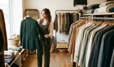 Person shopping for affordable quality clothes on a budget in a retail store