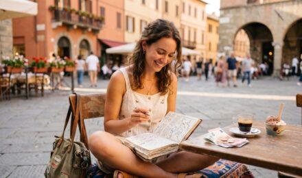 Couple planning a budget vacation with a map, travel notebook, and calculator on a wooden table
