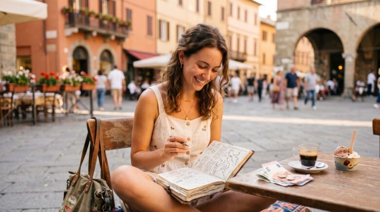 Couple planning a budget vacation with a map, travel notebook, and calculator on a wooden table
