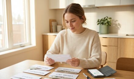 Person using a budgeting app on smartphone alongside labeled cash envelopes for digital envelope budgeting