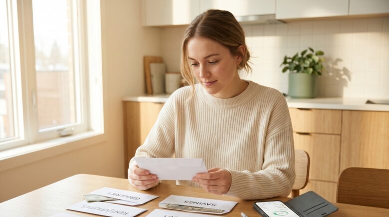 Person using a budgeting app on smartphone alongside labeled cash envelopes for digital envelope budgeting