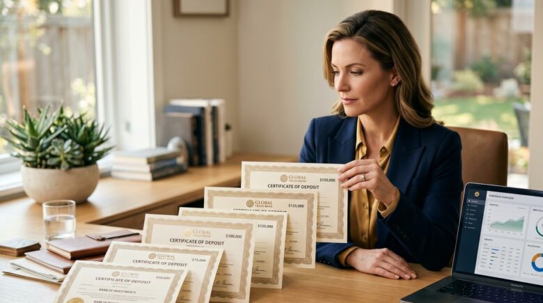 A visual diagram illustrating a CD ladder strategy with staggered certificate of deposit maturity dates