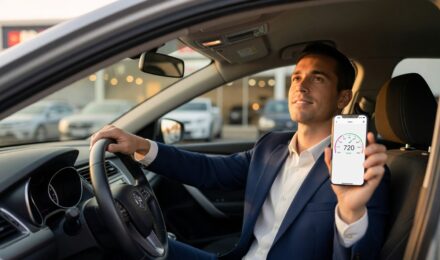 Person checking credit score on laptop before applying for a car loan