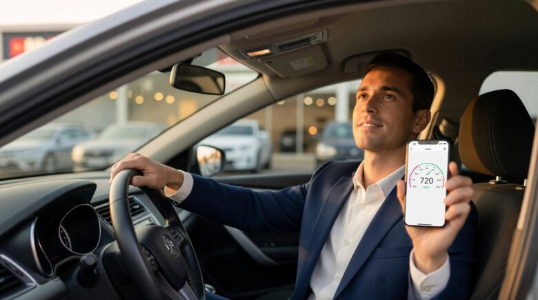 Person checking credit score on laptop before applying for a car loan