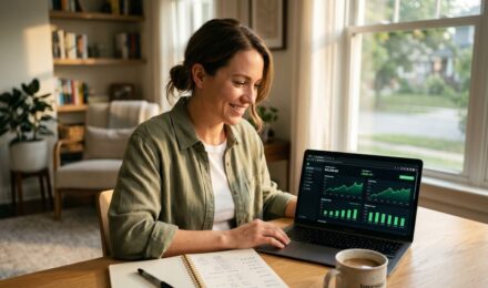 Beginner investor reviewing dividend stock portfolio on laptop to build passive income