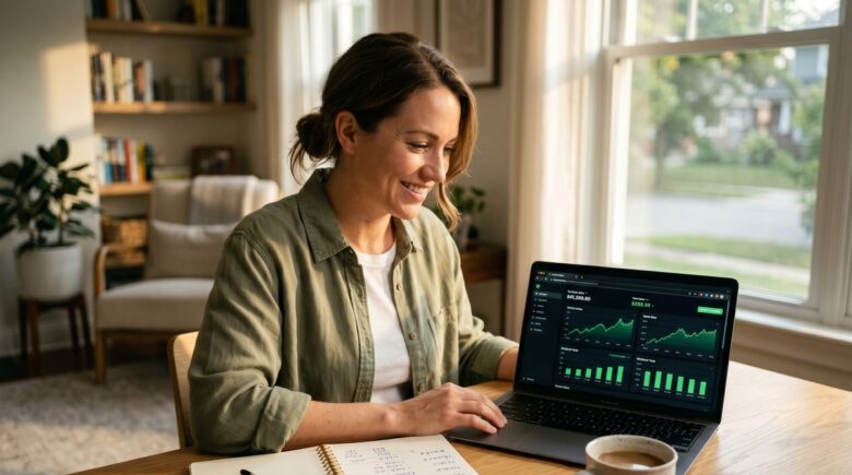 Beginner investor reviewing dividend stock portfolio on laptop to build passive income