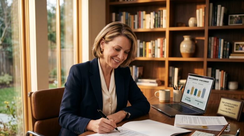 Person reviewing donor-advised fund tax deduction strategy with financial documents and calculator