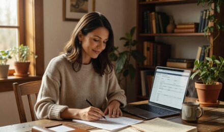 Self-employed person reviewing earned income tax credit eligibility on laptop with tax documents