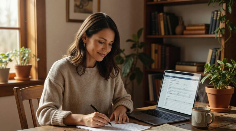 Self-employed person reviewing earned income tax credit eligibility on laptop with tax documents