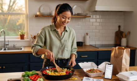 Side-by-side comparison of a restaurant meal bill and a home-cooked meal with groceries showing eating out vs cooking at home cost