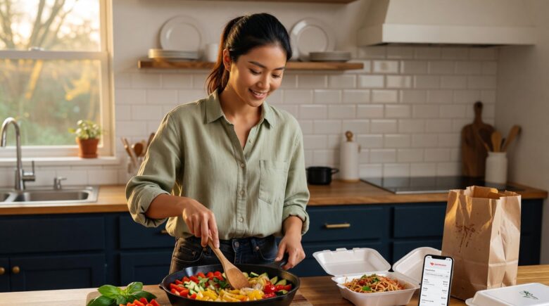 Side-by-side comparison of a restaurant meal bill and a home-cooked meal with groceries showing eating out vs cooking at home cost