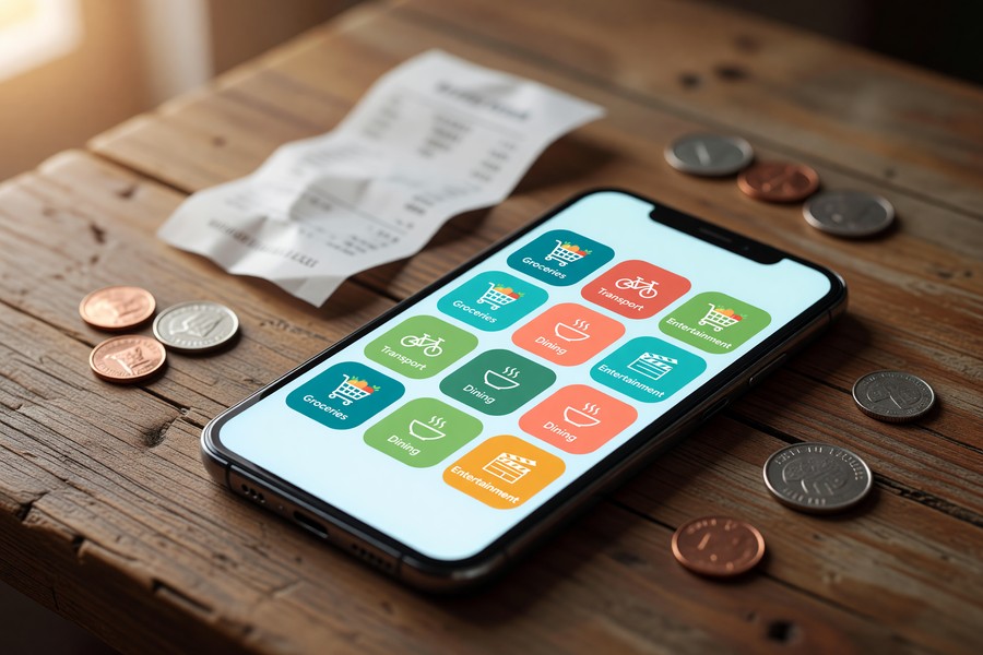 Person using a budgeting app on a smartphone with envelope categories displayed on screen