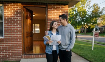 First-time homebuyer signing FHA loan mortgage documents with a real estate agent