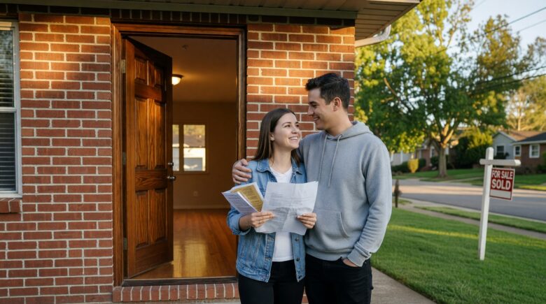 First-time homebuyer signing FHA loan mortgage documents with a real estate agent