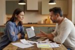 Couple sitting at a table reviewing finances together with a concerned expression, representing financial red flags in a relationship