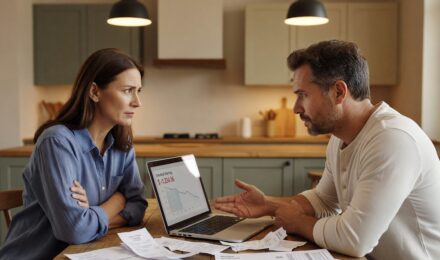 Couple sitting at a table reviewing finances together with a concerned expression, representing financial red flags in a relationship