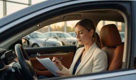 First-time car buyer reviewing loan documents at a dealership