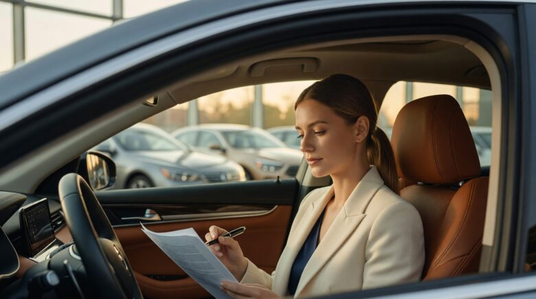 First-time car buyer reviewing loan documents at a dealership