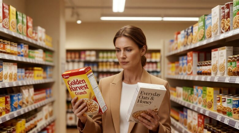 Side-by-side comparison of generic and name brand products on a store shelf illustrating savings