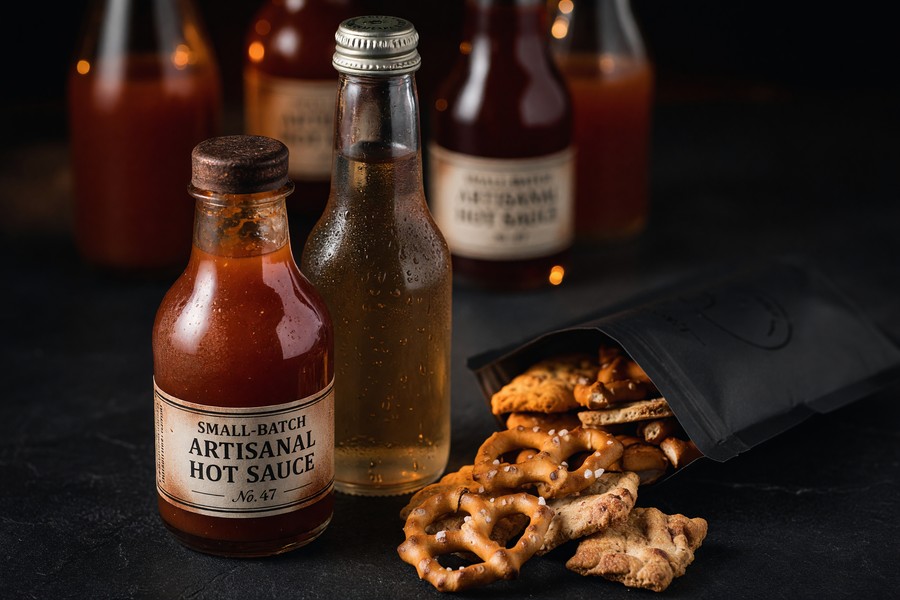 Split grocery cart showing generic store-brand items on one side and name-brand products on the other