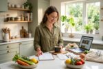 Person writing a weekly grocery budget list at a kitchen table with fresh produce nearby