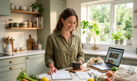 Person writing a weekly grocery budget list at a kitchen table with fresh produce nearby