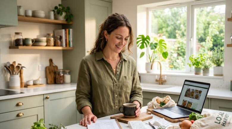 Person writing a weekly grocery budget list at a kitchen table with fresh produce nearby
