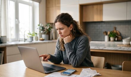 Person reviewing bank statement shocked by hidden bank fees on a laptop