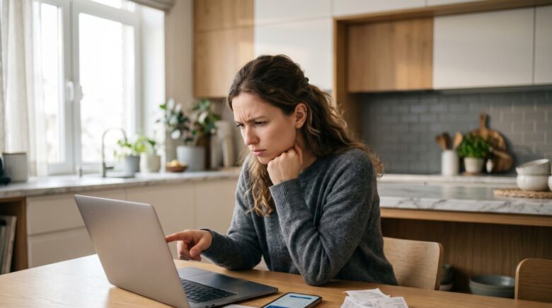Person reviewing bank statement shocked by hidden bank fees on a laptop