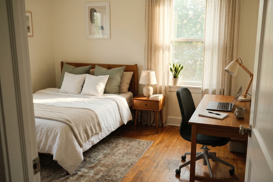 A dedicated home office workspace with a desk, computer, and clearly defined work area