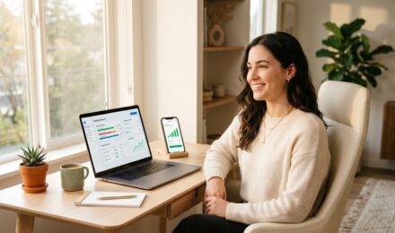 Person setting up automatic personal finances on a laptop with savings and investment charts