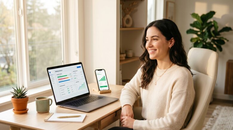 Person setting up automatic personal finances on a laptop with savings and investment charts