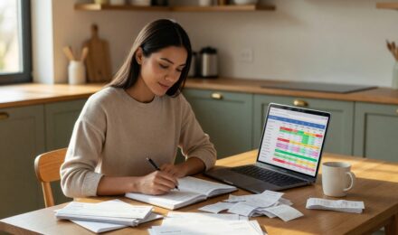 Person planning a monthly budget with irregular income using a calculator and notebook