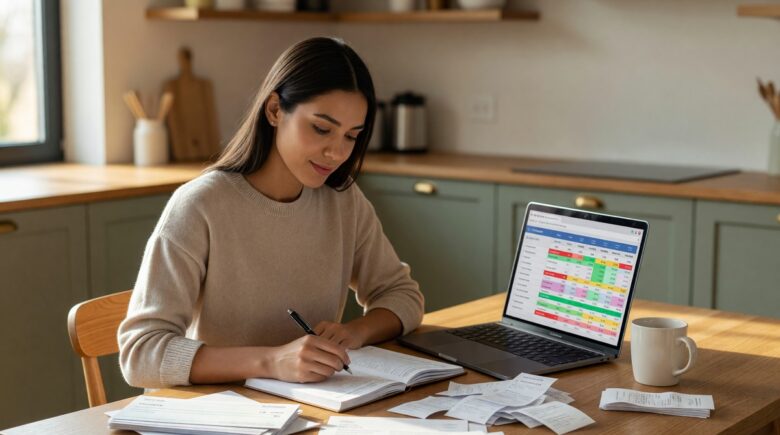 Person planning a monthly budget with irregular income using a calculator and notebook