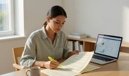 Person reading their free credit report on a laptop to review credit history and score