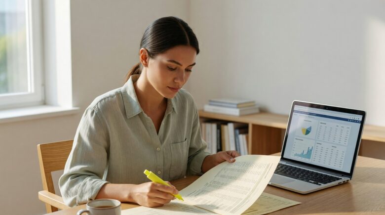 Person reading their free credit report on a laptop to review credit history and score