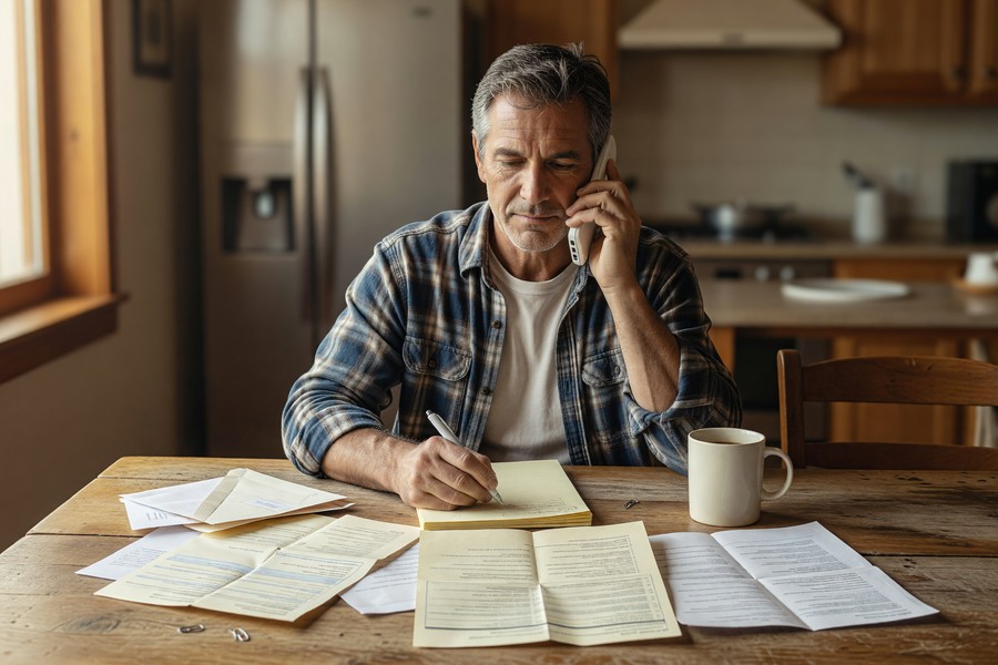Person reviewing monthly bills on a laptop and calculator at a desk