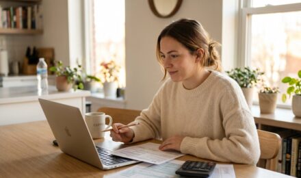 Young adult sitting at a desk filing taxes for the first time on a laptop