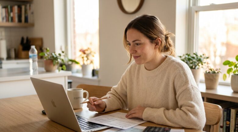Young adult sitting at a desk filing taxes for the first time on a laptop