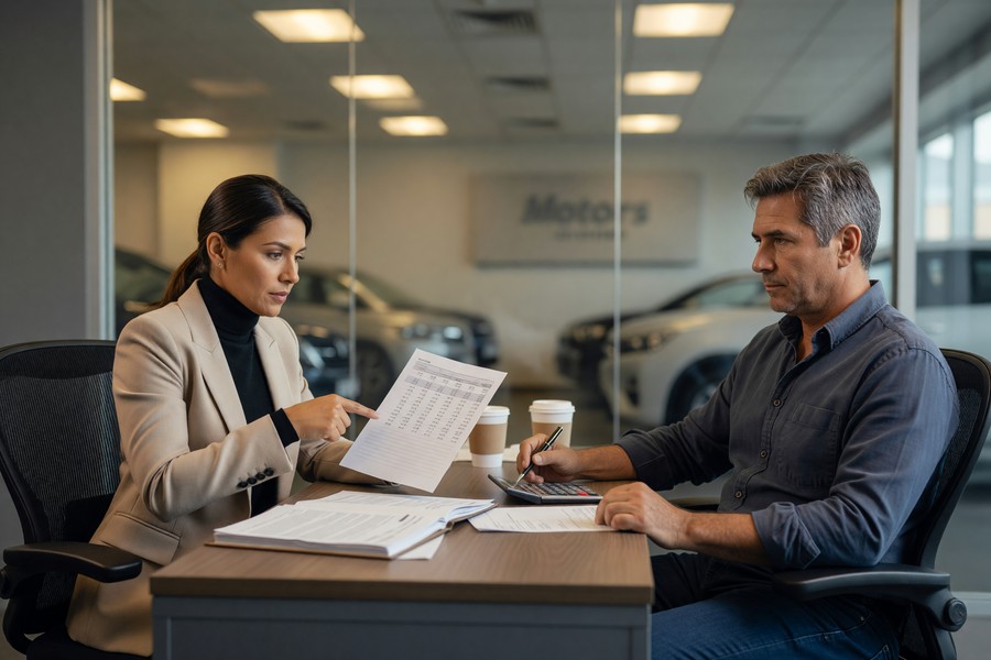 Close-up of auto loan documents and calculator on a dealership desk