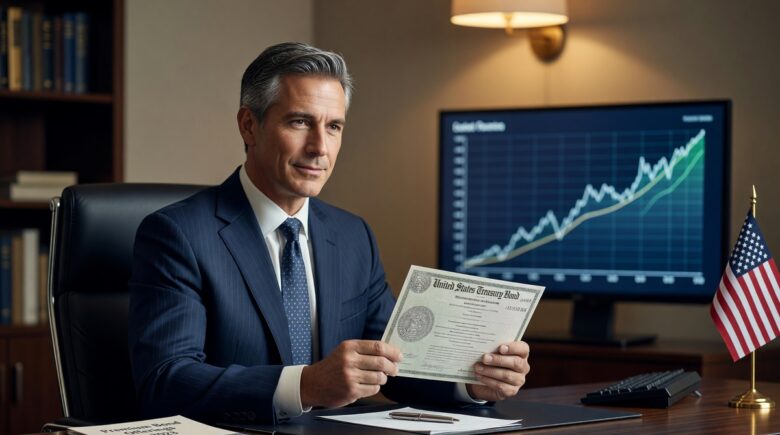 Person reviewing treasury bond investment options on a laptop with financial charts in the background